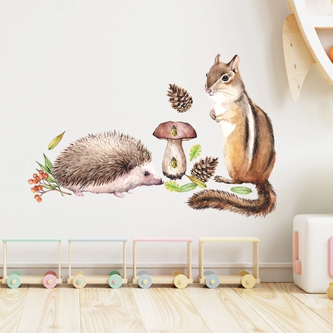 Woodland Animal Wall Sticker Watercolor Squirrel Hedgehog Mushroom PVC Decals For Kids Room Nursery Bedroom Home Decor