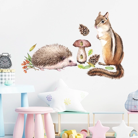 Woodland Animal Wall Sticker Watercolor Squirrel Hedgehog Mushroom PVC Decals For Kids Room Nursery Bedroom Home Decor