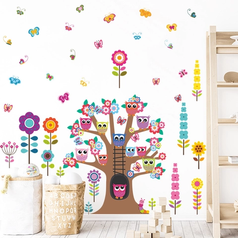 Cartoon Tree Owl Flower Wall Sticker For Kids Room Nursery Kindergarten PVC Removable DIY Art Decal Home Decor Mural