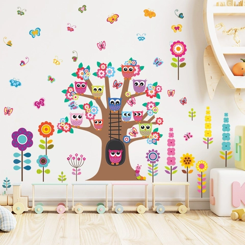 Cartoon Tree Owl Flower Wall Sticker For Kids Room Nursery Kindergarten PVC Removable DIY Art Decal Home Decor Mural