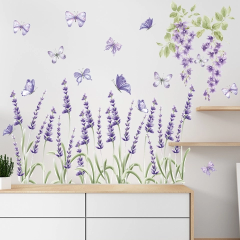 Romantische Lila Lavendel Schmetterling Wandtattoo PVC Abnehmbare Aquarell Blume Aufkleber Für Schlafzimmer Wohnzimmer Wanddeko