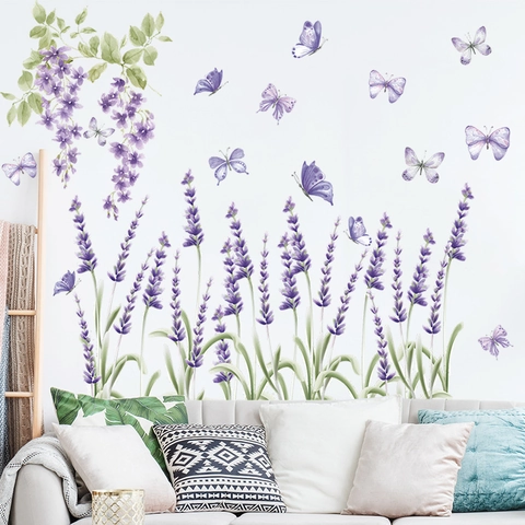 Romantische Lila Lavendel Schmetterling Wandtattoo PVC Abnehmbare Aquarell Blume Aufkleber Für Schlafzimmer Wohnzimmer Wanddeko