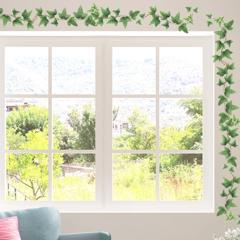 Adesivo da Parete Foglie di Edera Verde Fresca PVC Rimovibile Decalcomania Bordo Vite Botanica per Soggiorno Camera da Letto Casa