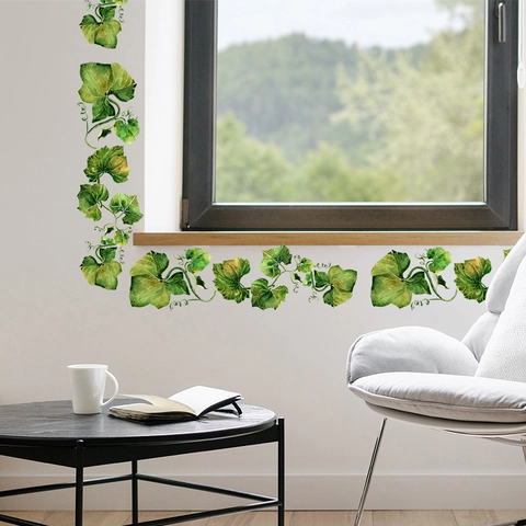 Fresh Green Leaves Vine Wall Stickers For Bedroom Glass Door Waistline PVC Watercolor Plant Wall Decals Home Decor Removable Stickers