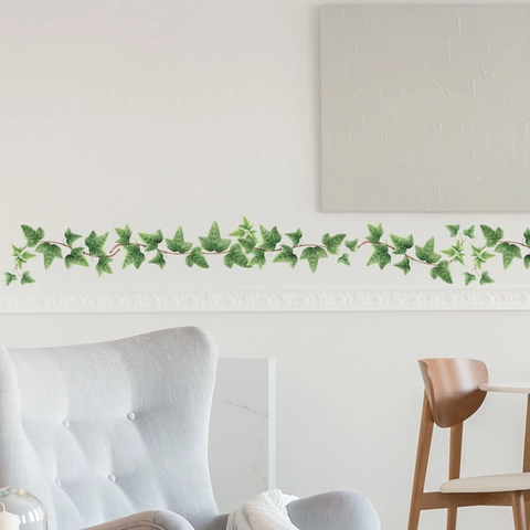 Adesivo da Parete Foglie di Edera Verde Fresca PVC Rimovibile Decalcomania Bordo Vite Botanica per Soggiorno Camera da Letto Casa
