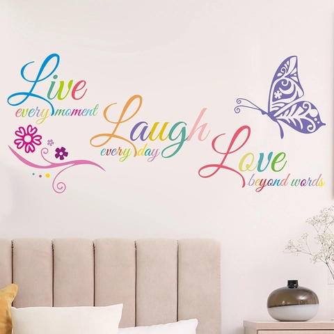 Bunte Live Laugh Love Schmetterling Wandaufkleber Inspirierende Zitate PVC Abnehmbare Kunst Dekoration Für Schlafzimmer Wohnzimmer