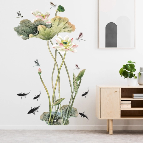 Chinese Ink Style Lotus And Carp Wall Sticker Removable PVC Mural Decal For Living Room Bedroom Home Decoration