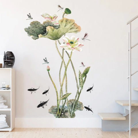 Chinese Ink Style Lotus And Carp Wall Sticker Removable PVC Mural Decal For Living Room Bedroom Home Decoration