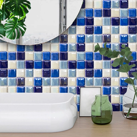 Adesivi per Piastrelle in PVC Stile Mosaico Moderno Autoadesivi Impermeabili per Cucina Bagno Decorazione Casa Blu Bianco Misto