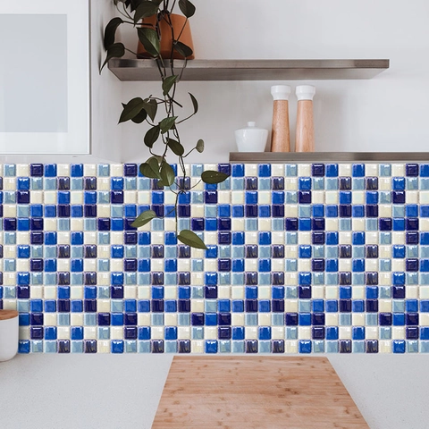 Adesivi per Piastrelle in PVC Stile Mosaico Moderno Autoadesivi Impermeabili per Cucina Bagno Decorazione Casa Blu Bianco Misto