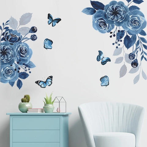 Stickers Muraux Papillon Rose Bleue Aquarelle Florale PVC Auto-adhésif Décalcomanies Murales pour Chambre Salon Maison