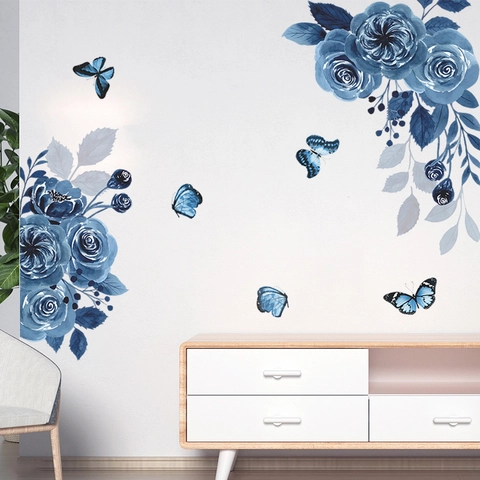 Blue Rose Butterfly Wall Stickers Watercolor Floral PVC Self-Adhesive Wall Decals For Bedroom Living Room Home Decor