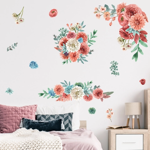 Adesivi Murali con Rose e Fiori ad Acquerello PVC Autoadesivi Decalcomanie Floreali per Camera da Letto Soggiorno Casa
