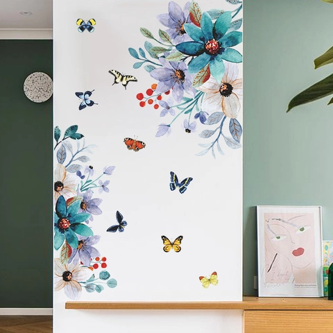 Bloemen Vlinder Muurstickers Aquarel Bloem Muurstickers Zelfklevend PVC Woondecoratie Voor Woonkamer Slaapkamer Kantoor