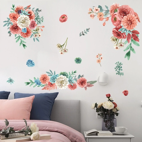 Adesivi Murali con Rose e Fiori ad Acquerello PVC Autoadesivi Decalcomanie Floreali per Camera da Letto Soggiorno Casa