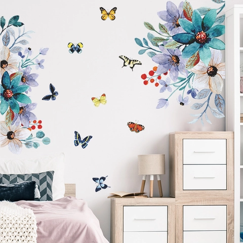 Bloemen Vlinder Muurstickers Aquarel Bloem Muurstickers Zelfklevend PVC Woondecoratie Voor Woonkamer Slaapkamer Kantoor