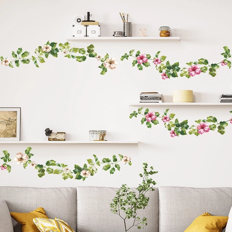 Sticker Mural Frais de Vigne de Fleur à Feuille Verte PVC Auto-adhésif Amovible Décalcomanie Botanique pour Salon Chambre