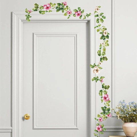 Sticker Mural Frais de Vigne de Fleur à Feuille Verte PVC Auto-adhésif Amovible Décalcomanie Botanique pour Salon Chambre