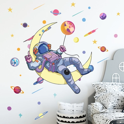 Astronaut On Moon Wall Stickers Cartoon Space Planets Stars PVC Decals For Kids Room Nursery Bedroom Decoration