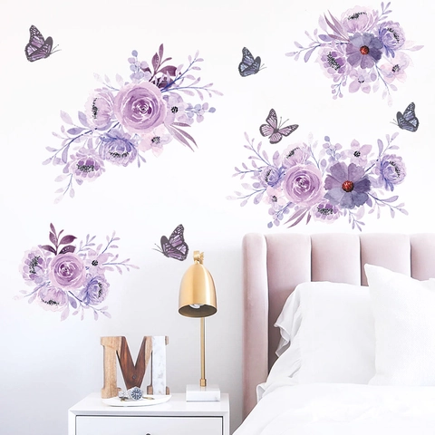 Aquarell Lila Blumen Schmetterling Wandaufkleber Selbstklebend PVC Blume Dekoration Für Schlafzimmer Wohnzimmer Haus Dekoration Wandkunst