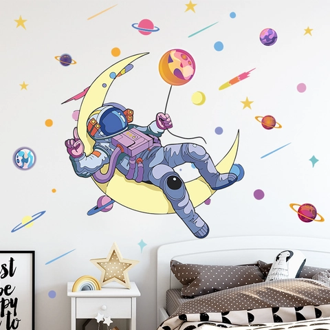 Astronaut On Moon Wall Stickers Cartoon Space Planets Stars PVC Decals For Kids Room Nursery Bedroom Decoration
