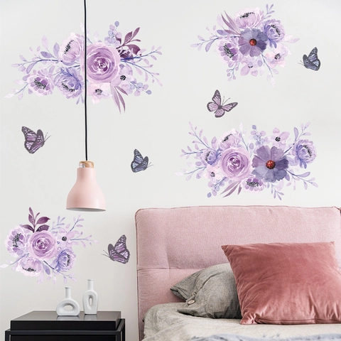 Aquarell Lila Blumen Schmetterling Wandaufkleber Selbstklebend PVC Blume Dekoration Für Schlafzimmer Wohnzimmer Haus Dekoration Wandkunst