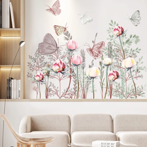 Eleganter Schmetterling Blume Wandtattoo PVC Selbstklebend Aquarell Floral Pflanze DIY Wandaufkleber Für Wohnzimmer Home Dekor