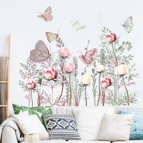 Eleganter Schmetterling Blume Wandtattoo PVC Selbstklebend Aquarell Floral Pflanze DIY Wandaufkleber Für Wohnzimmer Home Dekor