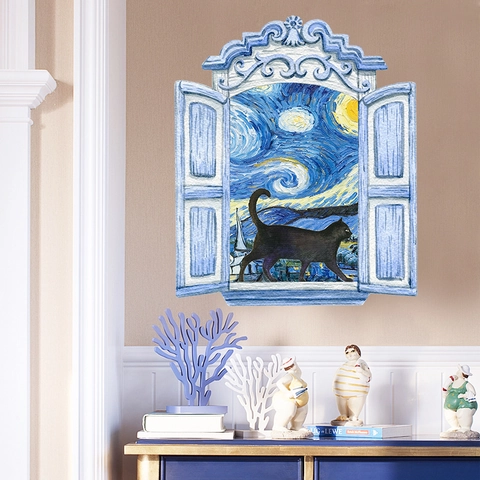 3D Faux Window Van Gogh Starry Night Wall Sticker Black Cat PVC Self-Adhesive Art Decal For Living Room Home Decoration