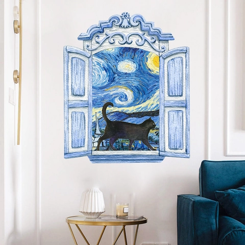 3D Faux Window Van Gogh Starry Night Wall Sticker Black Cat PVC Self-Adhesive Art Decal For Living Room Home Decoration