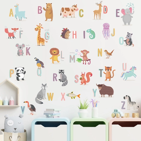 Adesivi da Parete Con 26 Alfabeto Inglese Animali Cartoni Animati Decalcomanie in PVC Colorato per Camera Bambini Decorazione Casa