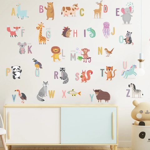 Adesivi da Parete Con 26 Alfabeto Inglese Animali Cartoni Animati Decalcomanie in PVC Colorato per Camera Bambini Decorazione Casa