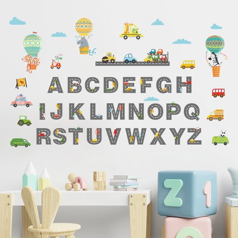 Karikatur Transport 26 Buchstaben Alphabet Wandaufkleber PVC Straßentextur Pädagogisches Kinderzimmer Kindergarten Wandtattoo