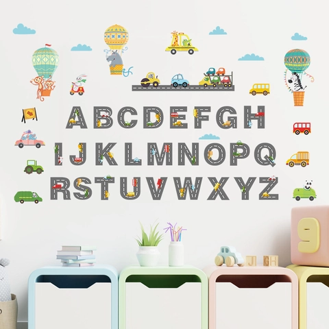 Karikatur Transport 26 Buchstaben Alphabet Wandaufkleber PVC Straßentextur Pädagogisches Kinderzimmer Kindergarten Wandtattoo