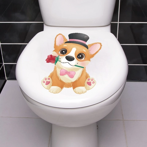 Cartoon Corgi Mit Zylinder Und Rose WC Deckel Aufkleber Wasserdicht PVC Abnehmbar Badezimmer Wandtattoo Home Dekor