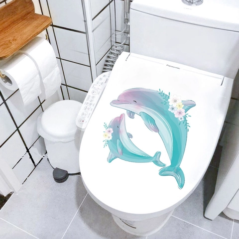 Adesivo per Coperchio del WC a Forma di Delfino e Fiori ad Acquerello in PVC Impermeabile per la Decorazione del Bagno Casa