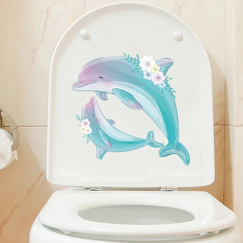 Adesivo per Coperchio del WC a Forma di Delfino e Fiori ad Acquerello in PVC Impermeabile per la Decorazione del Bagno Casa