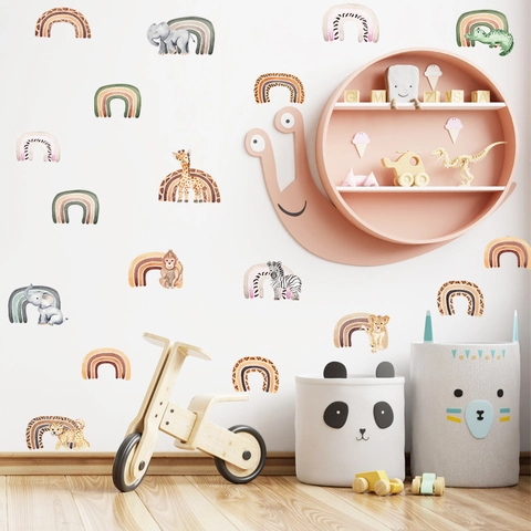 Pegatinas de Pared de Animales de Safari con Arcoíris de Acuarela PVC León Elefante Jirafa para Dormitorio Infantil