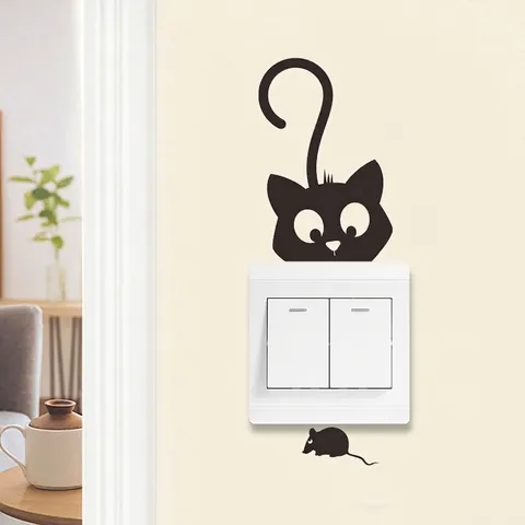 Adesivo per Interruttore Cartone Animato Gatto E Topo PVC Nero Decalcomania da Parete per Soggiorno Camera da Letto Decorazione