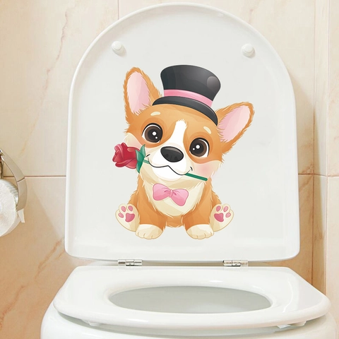 Cartoon Corgi Mit Zylinder Und Rose WC Deckel Aufkleber Wasserdicht PVC Abnehmbar Badezimmer Wandtattoo Home Dekor