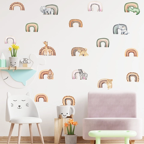 Pegatinas de Pared de Animales de Safari con Arcoíris de Acuarela PVC León Elefante Jirafa para Dormitorio Infantil