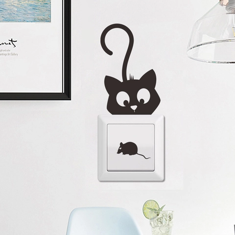 Adesivo per Interruttore Cartone Animato Gatto E Topo PVC Nero Decalcomania da Parete per Soggiorno Camera da Letto Decorazione