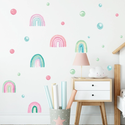 Adesivi Murali Acquerello Arcobaleno Pois in PVC Autoadesivi Rimovibili per Decorazione Camera dei Bambini e Neonati Casa