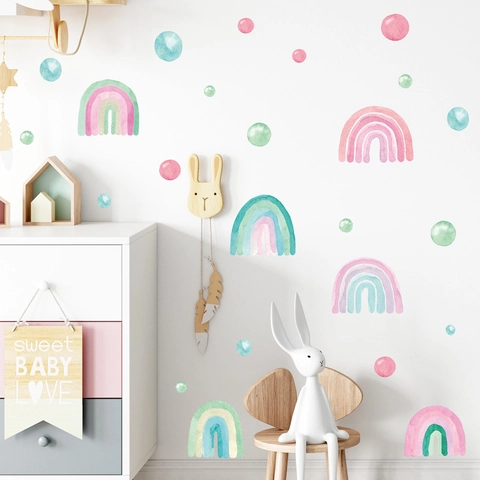 Adesivi Murali Acquerello Arcobaleno Pois in PVC Autoadesivi Rimovibili per Decorazione Camera dei Bambini e Neonati Casa
