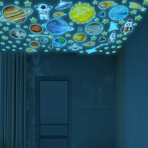 Leuchtende Astronaut Weltraum Wandaufkleber PVC Glow In The Dark Planet Stern Rakete Aufkleber Für Kinderzimmer Schlafzimmer