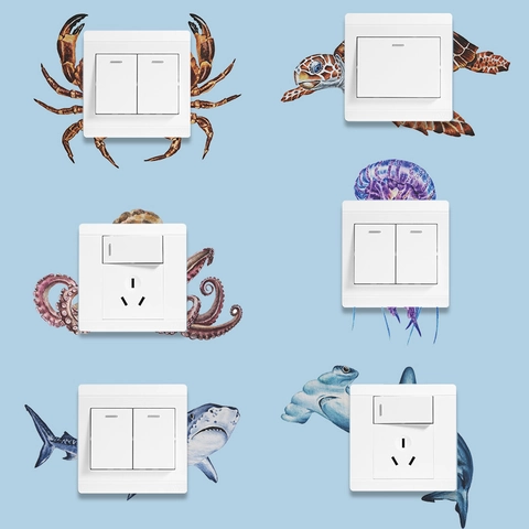 Creative Sea Animal PVC Wall Stickers Realistic Shark Octopus Turtle Decals For Home Light Switch Socket Decoration