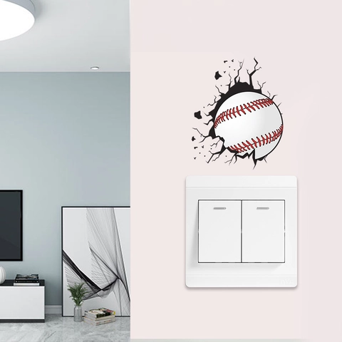 Adesivo Murale 3D Baseball Muro Rotto Impermeabile PVC Decorazione per Interruttore Luce Presa Camera da Letto Soggiorno Sport Decor