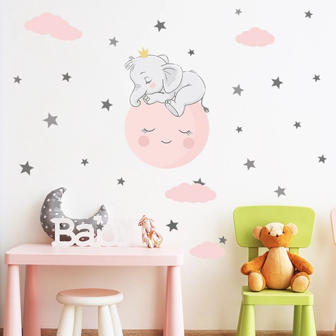 Cartoon Olifant Maan Muurstickers Roze Wolk Ster PVC Verwijderbare Decal Voor Kinderkamer Kleuterschool Decoratie