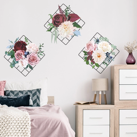 Moderno Adesivo da Parete a Forma di Fiore di Peonia Con Motivo a Griglia Nera Autoadesivo in PVC Decorazione Artistica per Soggiorno Camera da Letto Casa
