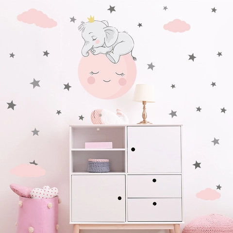 Cartoon Olifant Maan Muurstickers Roze Wolk Ster PVC Verwijderbare Decal Voor Kinderkamer Kleuterschool Decoratie